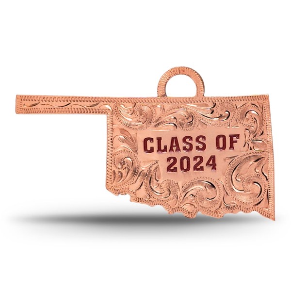 A custom silver tassel charm for 2024 graduates, designed for memorial caps, featuring a Oklahoma State Shape